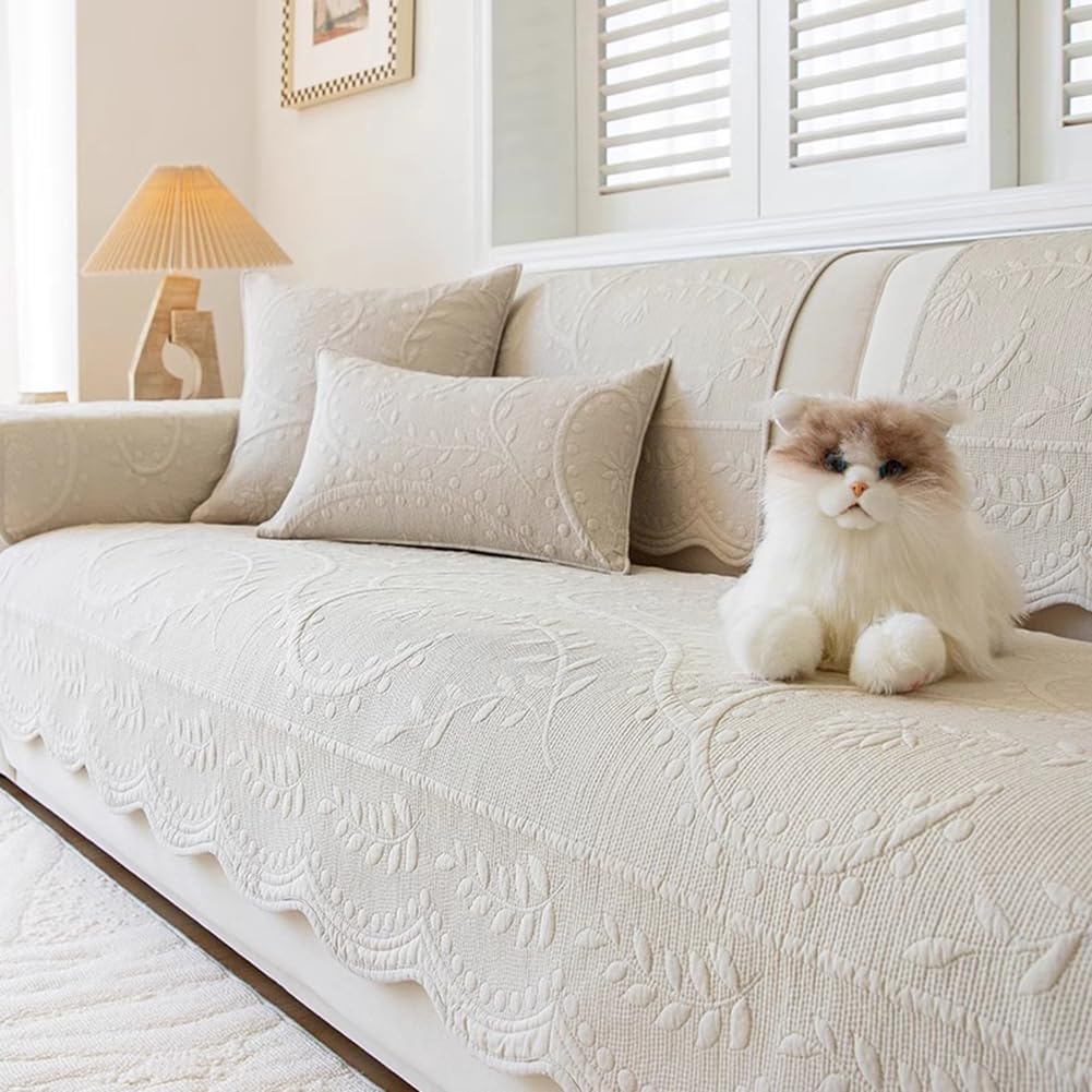 Leaf Floral Cotton Quilted Dog Couch Cover for Sofa Farmhouse Rustic Embroidered Sectional Couch Cover Soft Anti-Slip Sofa Slipcover Furniture