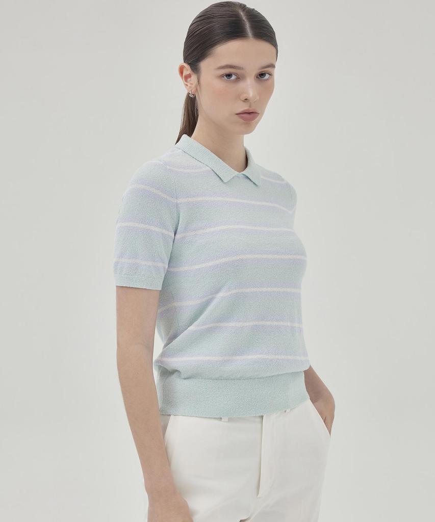 THEKNITCOMPANY Campis Cotton Striped Polo Shirt - Glacier Mint