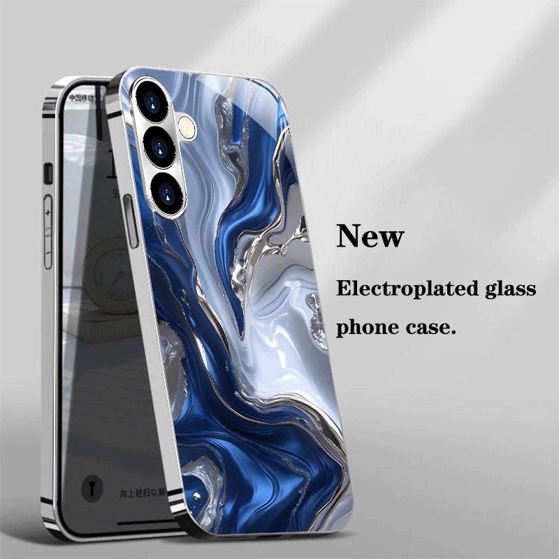 Silver Fluid Marble Pattern Tempered Glass Phone Case Suitable for Samsung Galaxy S26 S25 S24 S22 S21 S20FE Ultra Plus Anti Drop