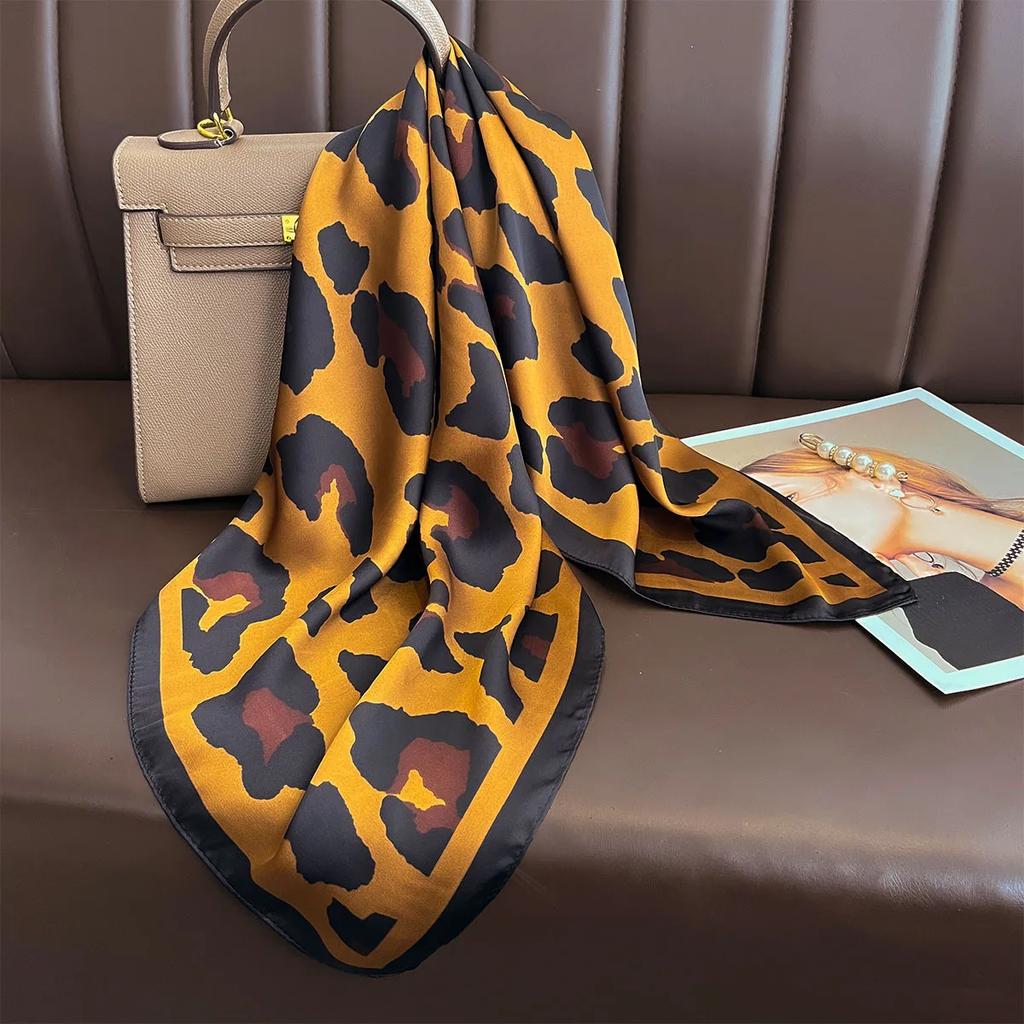 Leopard Scarf Women Imitation Silk Neck Ribbon Ties for Hair Bands Lady Shawls and Wraps Bandana Foulard Square Scarves