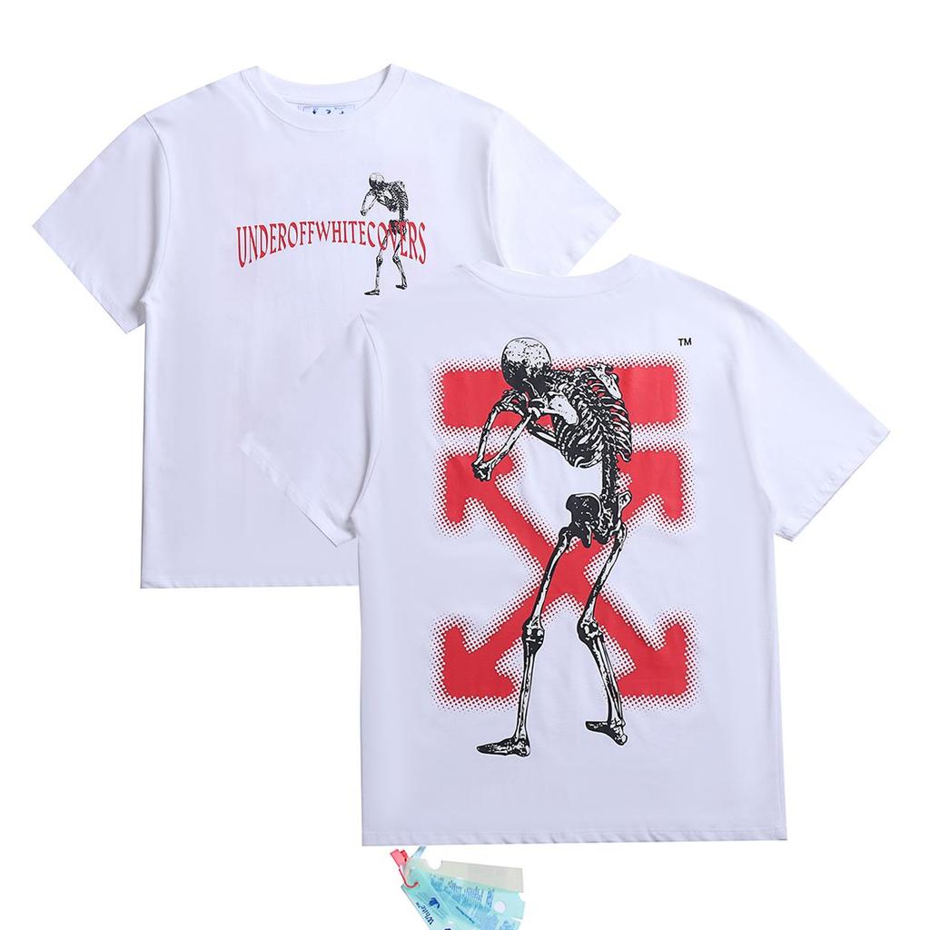 Off-white 2025 Summer New Pink Skeleton Ghost Hand Print Classic Short Sleeved T-shirt for Men and Women
