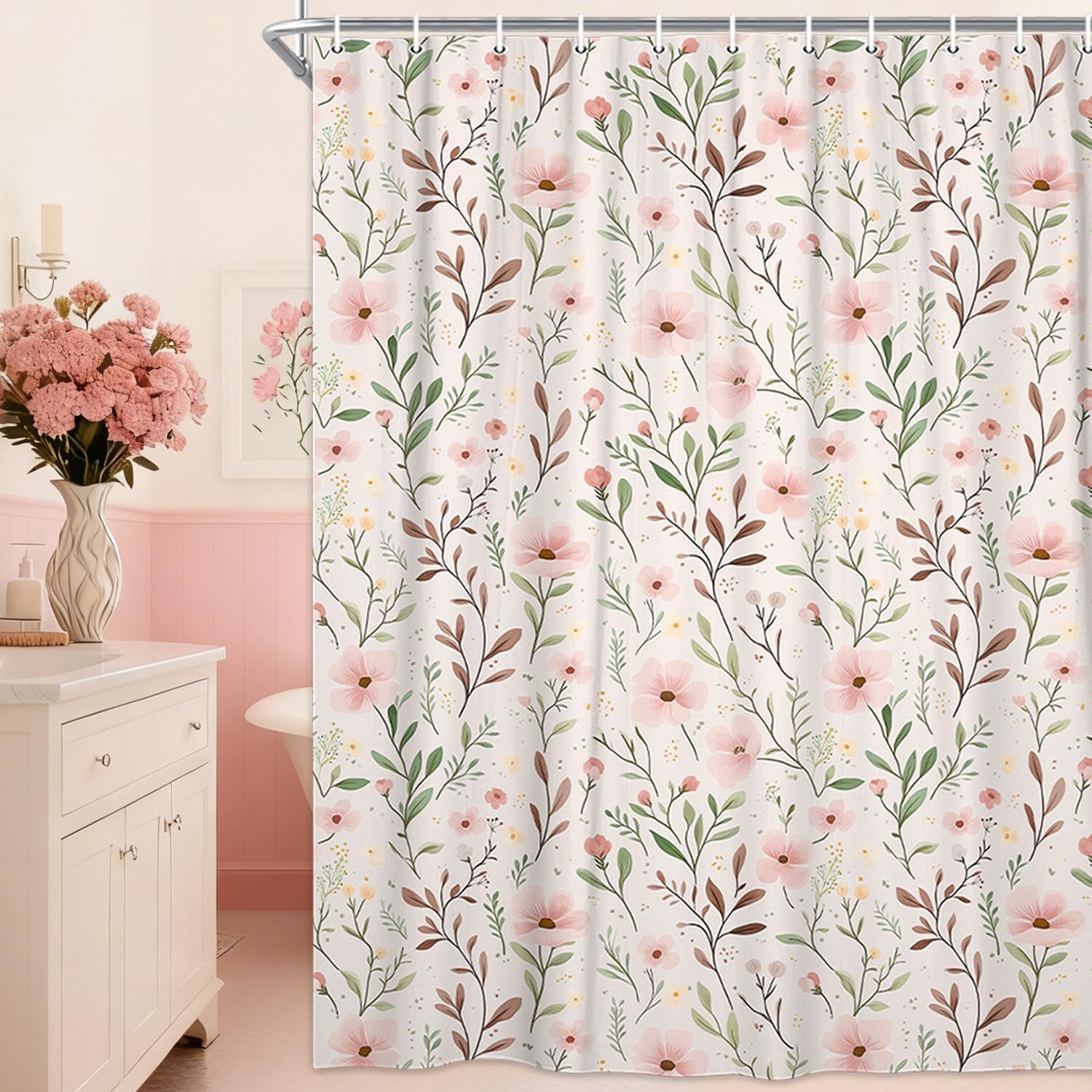 

Light Pink Floral Shower Curtain – Delicate Leaves & Blossoms, Boho Farmhouse Cottagecore Bathroom Decor W60H190(CM)-1 Pcs