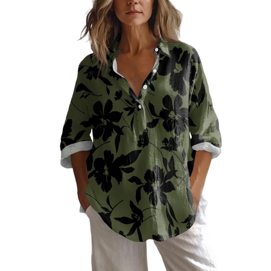 Dámská ležérní jarní a letní volná tištěná ležérní košile s dlouhým rukávem a límečkem