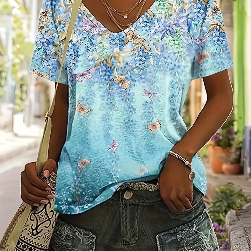 Women's Floral Print V-Neck T-Shirt Y2k Fashion Casual Short-Sleeved Blouse Street Oversized Women's Summer Clothing
