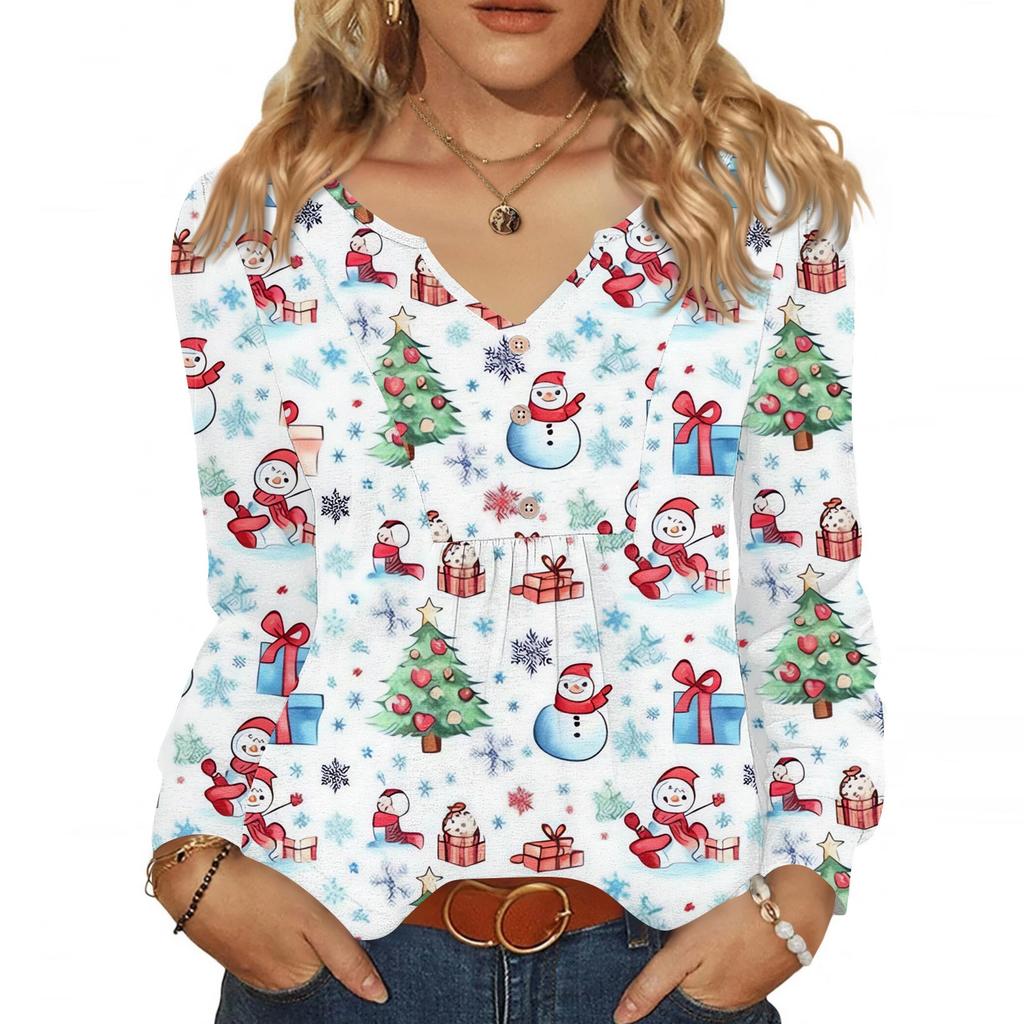 Women's Fashionable Casual V-neck Blouse Button Christmas Printed Long-sleeved Pullover T-shirt Top