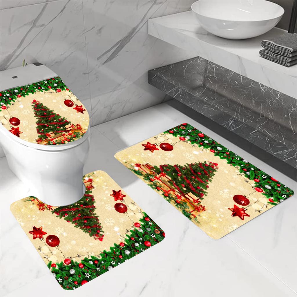 4-teiliges Weihnachtsbaum-Duschvorhang-Set, wasserdichtes Vorhang-Set mit 12 Haken, Badezimmerteppich, Toiletten-U-förmige Matte, Toilettendeckel-Abdeckungspolster