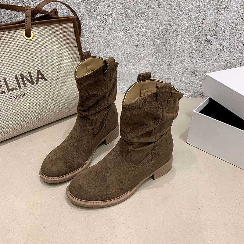 Retro Pile Boots Thick Heel Short Boots Women's New Autumn V-mouth Thin Maillard Western Cowboy Martin Boots