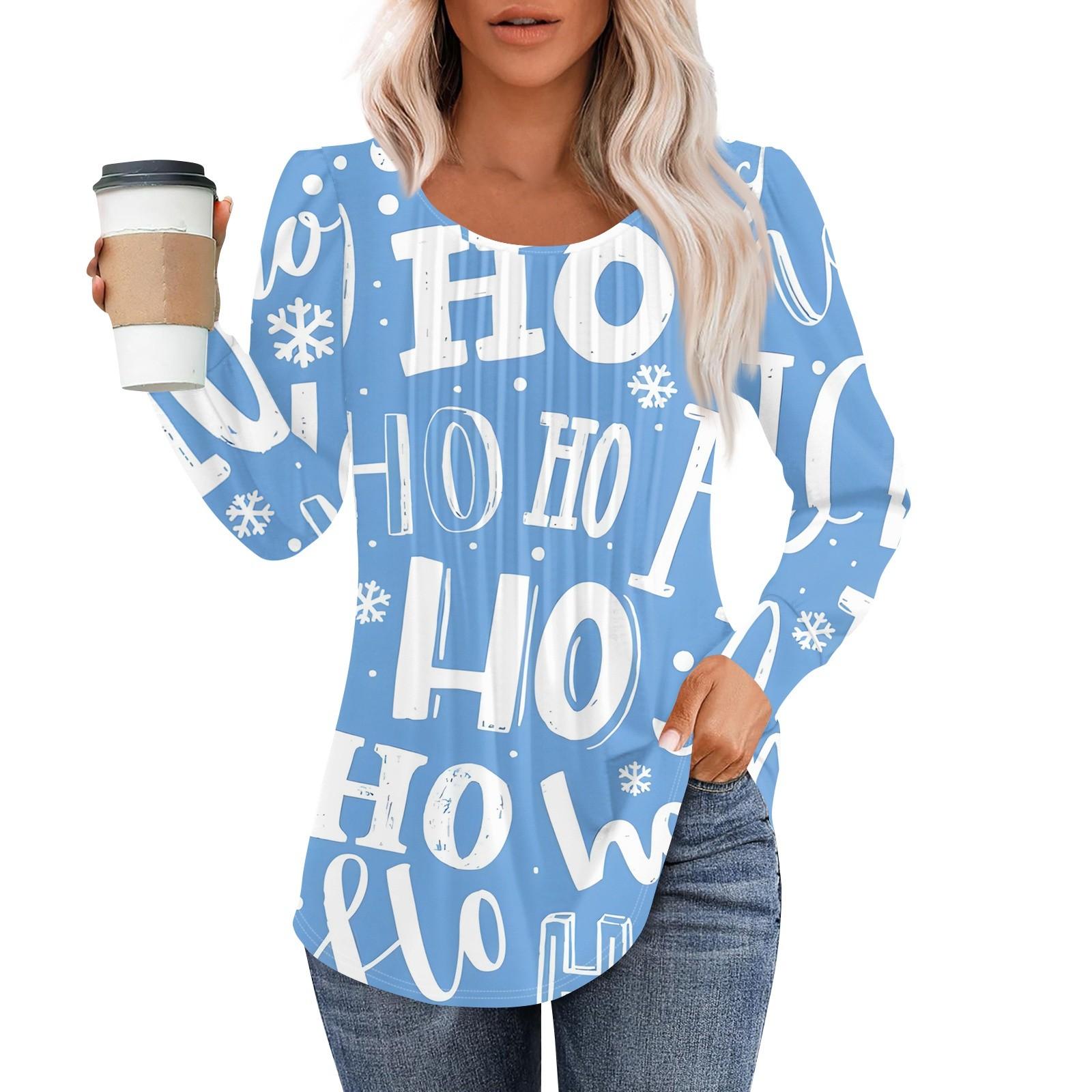 

Рубашки с длинным рукавом для женщин, топы, нарядные повседневные блузки с рождественским принтом, плиссированные туники с круглым вырезом L