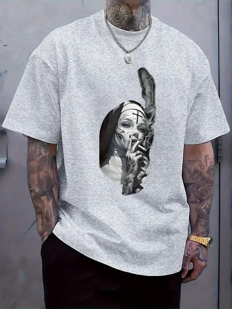 Black T-shirt with Smoking Nun Print - Casual Crew Neck