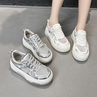 Zapatos Blancos de Malla de Verano para Mujer Malla Transpirable Chunky Moda con Cordones Suela Gruesa Aumento de Altura Zapatillas Casuales Talla 35-40