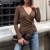 אופנת נשים מזדמנים אביב סתיו הדפס בצבע אחיד עם שרוולים ארוכים חולצות וחולצות עם צווארון V