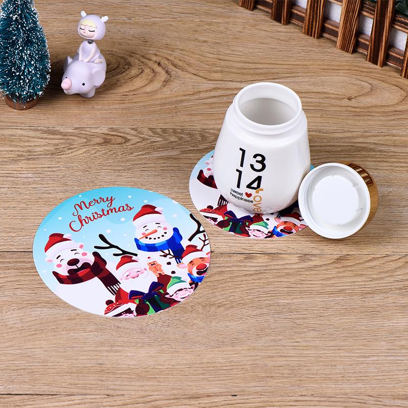 5Pcs/set Merry Christmas Round Cup Mat Table Placemats Coaster Anti-slip Kitchen Cushion Romantic Wedding New Year Party Pad