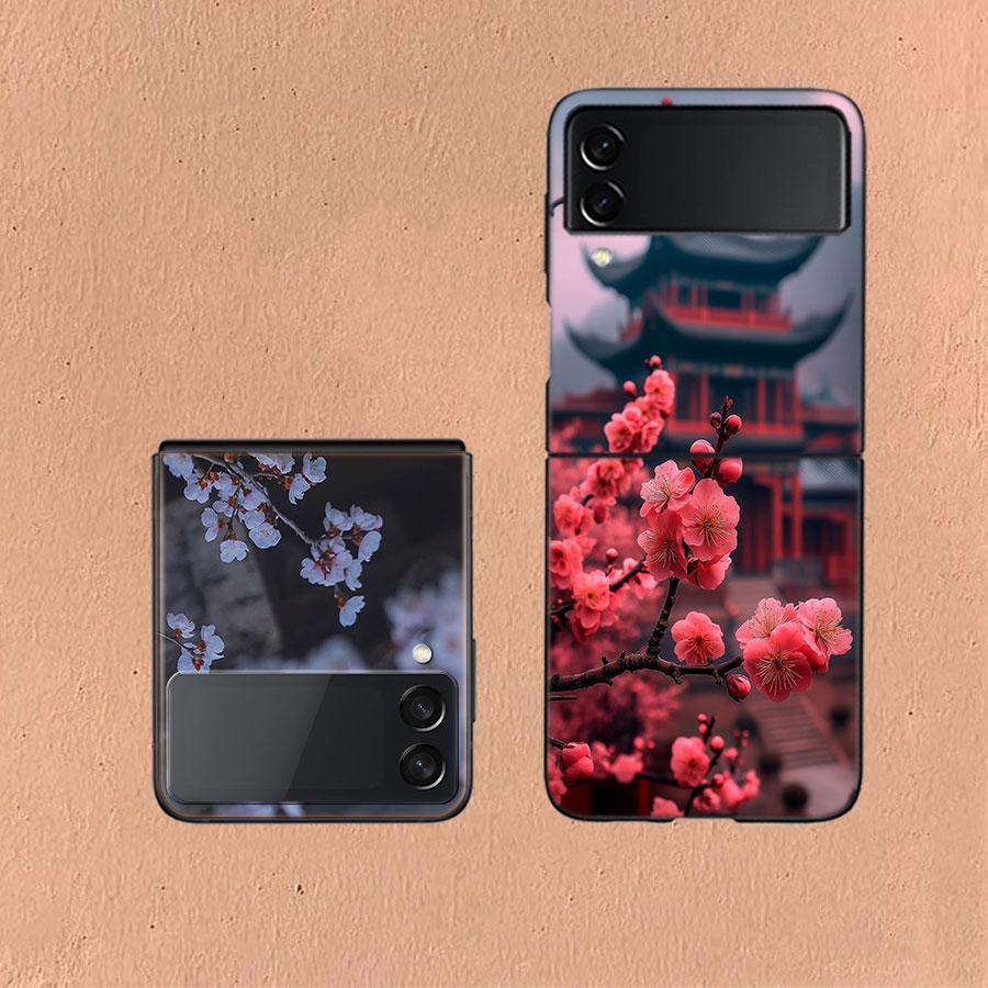Snowy Peach Blossom Tree in Front of the House Phone Case For Samsung Z Flip 6 7 5G Galaxy Z Flip 5 4 3 5G Cases Shockproof Hard