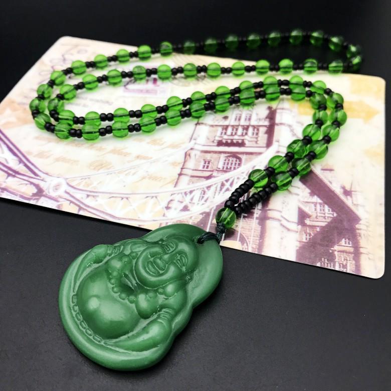Guanyin Buddha Jade-Style Pendant Necklace with Beads in White, Black, and Green