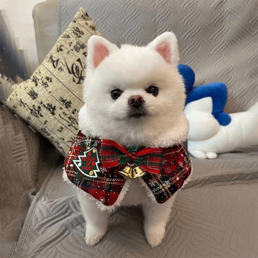Plaid Pattern New Year's Cat Cloak Fleece Lined Xmas Cat Shawl Elegant Christmas Pet Scarf Party