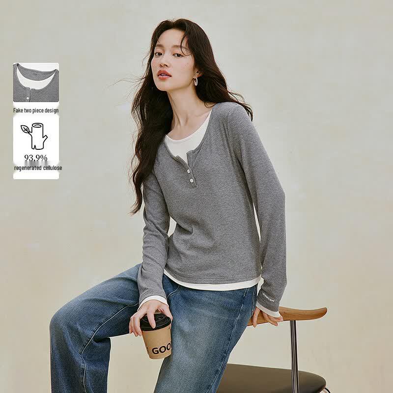 INMAN Women s Faux Two-Piece Henley Neck Slim Fit Long Sleeve Knit Top XL