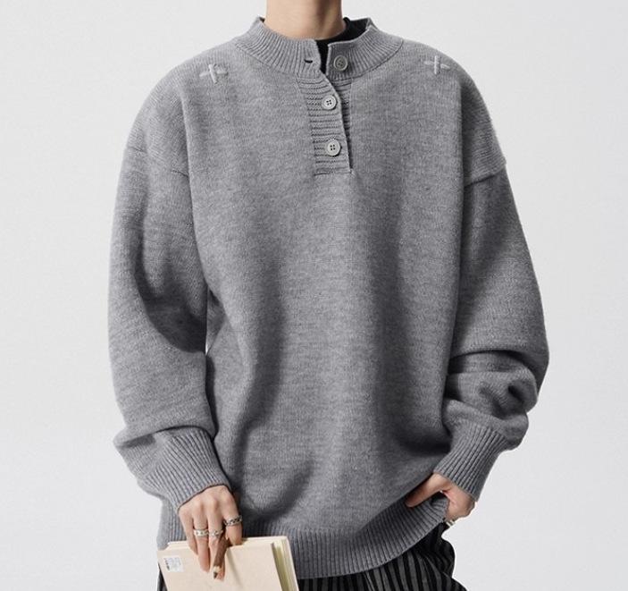 

Old Money Style Men s Loose Knitwear with Henry Collar and Embroidery - Perfect Autumn & Winter Inner Layer L сірий колір