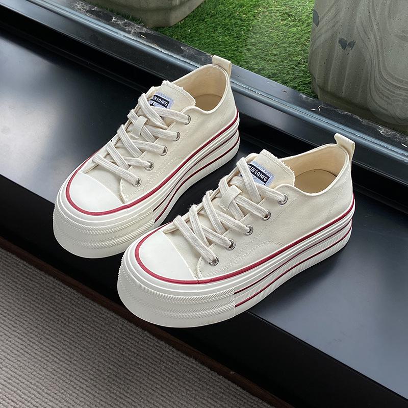 Fashionable Thick-soled Height-increasing Sneakers for Women, Spring/Autumn 2025 New Low-top Canvas Lace-up Casual Women's Shoes