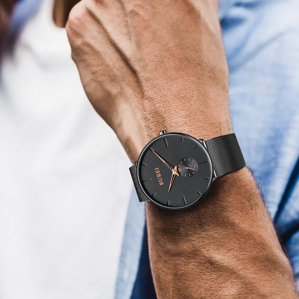 BUREI Men's Black Watch, Simple, Stylish, Popular, Waterproof, Men's Watch (Black-Rose Gold Hands, Stainless Steel)
