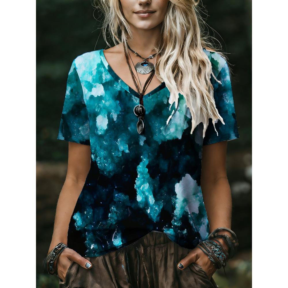 Fashionable Comfortable Oversized Breathable Women's V-neck T-shirt Colorful Creative 3D Pattern Summer Short Sleeved T-shirt