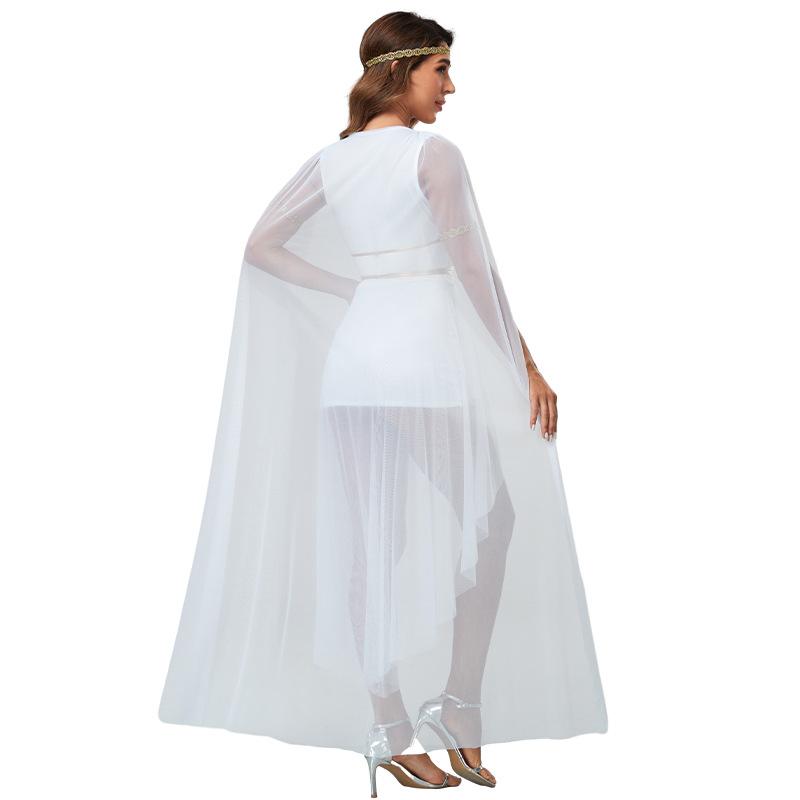 New Halloween Ancient Roman Greek Muse White Sexy V-Neck Dress Stage Costume