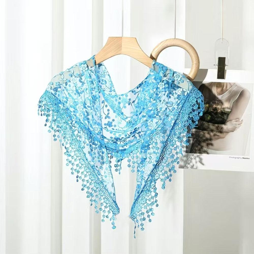 Triangular knitted floral scarf for women, shawl with tassels, casual, classic, transparent, breathable, sun protector