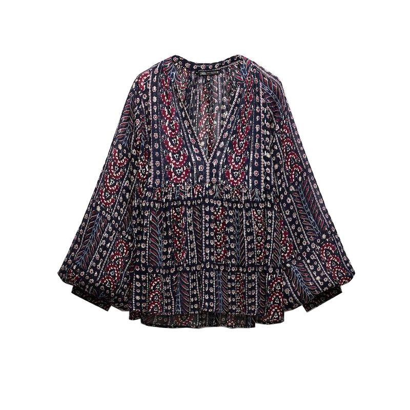 Spring New Women's Clothing French Beads Decoration V Neck Long Sleeves Metal Color Line Print Smock Top 5770024