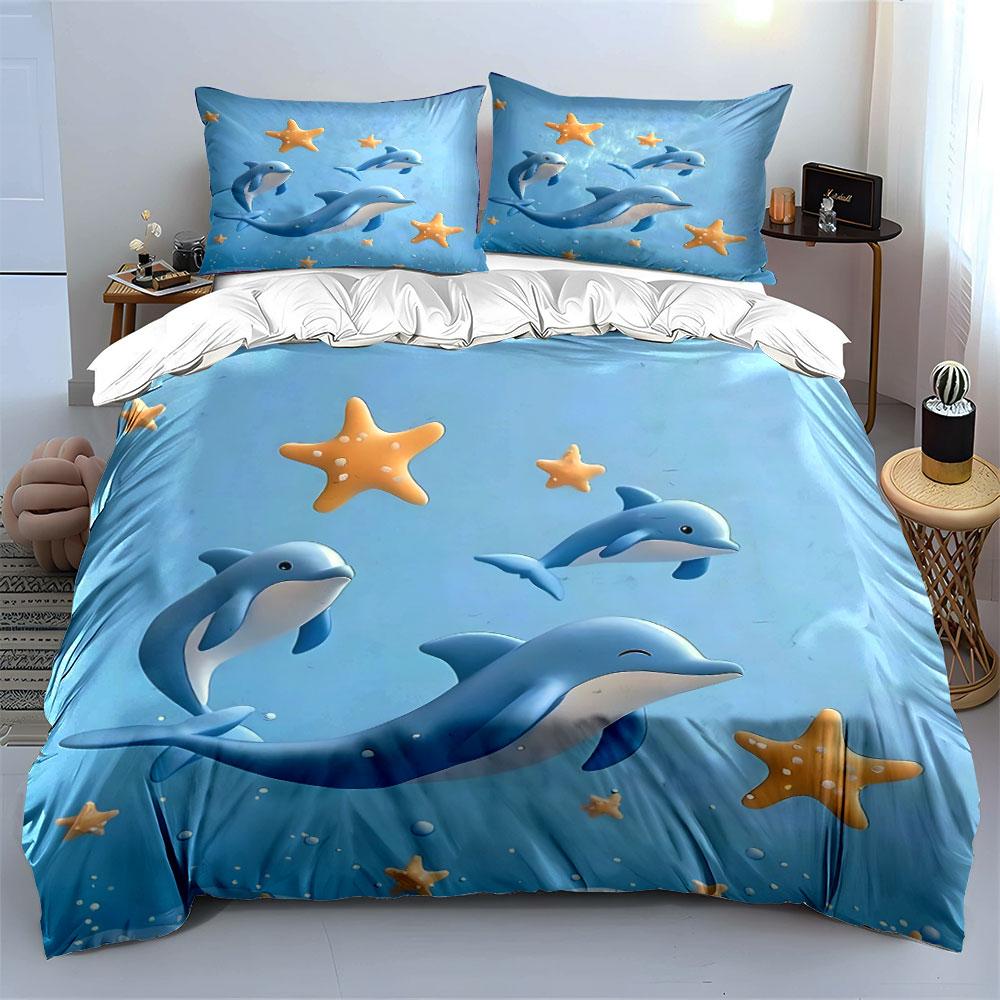 Cute Dolphin Starfish Decoration Set Bedding Set with 1 Duvet Cover 2 Pillowcases Single Double King Queen, Gift