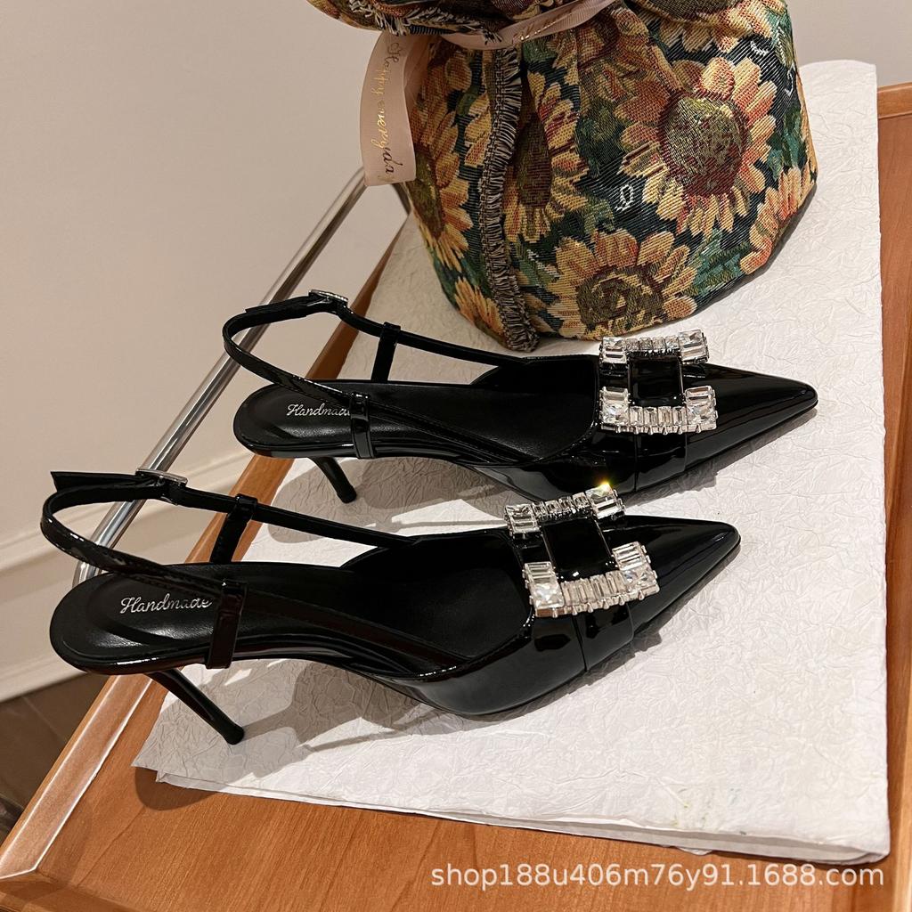 [Spot] 2025 new black rhinestone high heels pointed thin heel with sexy bag head sandals
