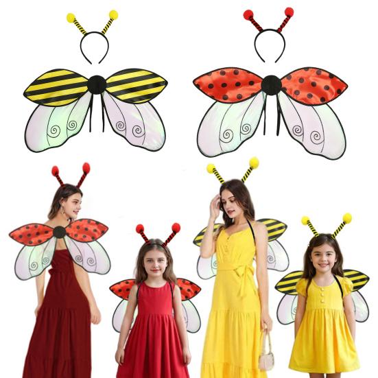 Bee Ladybug Wing Set with Headband Organza Costume Accessories for Kids Adults Dress-Up Party Decor for Performances Holiday Events