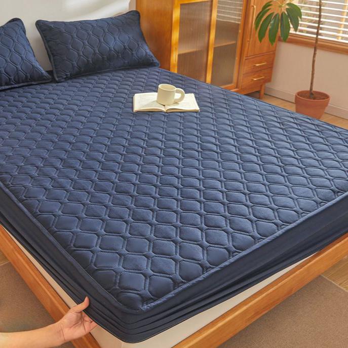 

Стеганая водонепроницаемая простыня с эластичным однотонным наматрасником размера Queen King Size для двуспальной кровати без наволочки 120x200x30cm 1pc тёмно-синий