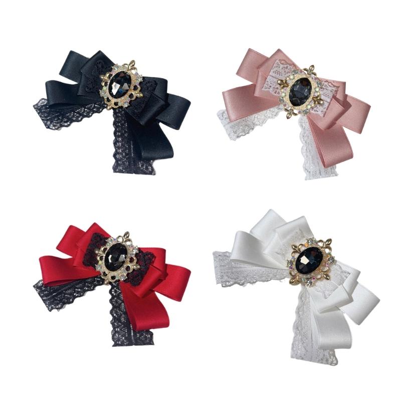 Elegante Spilla a Forma di Fiocco in Pizzo e Nastro per Donna, Nodo Pre-annodato, Jabot, Collo con Strass, Cristallo per Eventi Formali