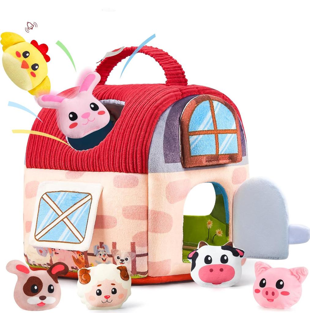 Baby Toys 6-12 Months, Barn Toys with Stuffed Farm Animals for Toddlers 1-3 Baby Plush Beehive wtih Rattles Squeaker Mirror