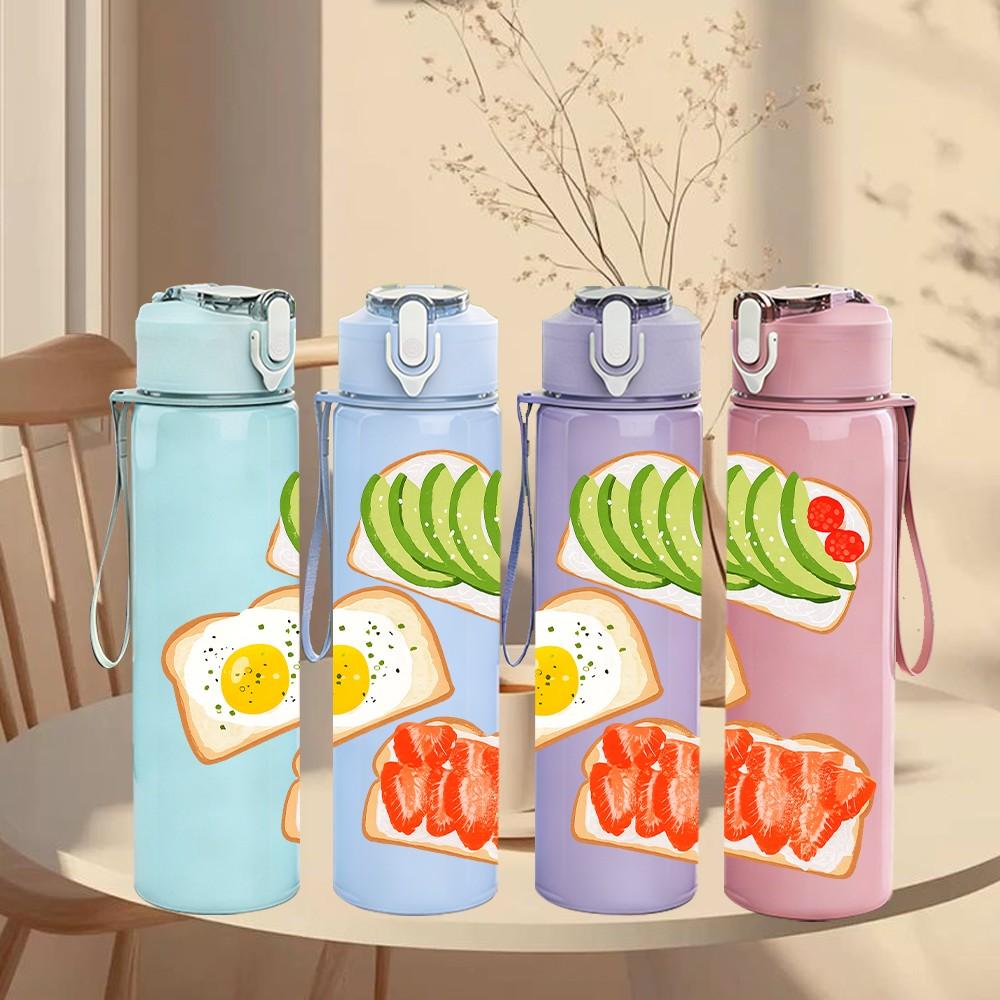 1PC Toast Egg Breakfast Print 750ml Color Plastic Sports Water Bottle Leakproof Flip Straw Lid Suitable for Sports Office Home Use