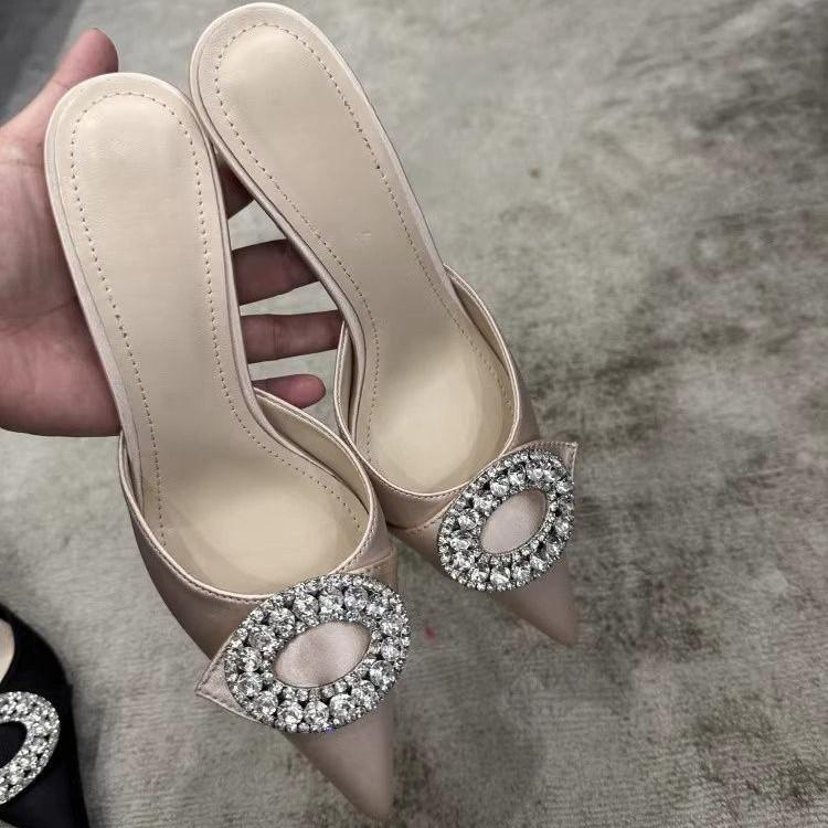 Women's Rhinestone Stiletto Heels - Pointed Toe, Square Buckle, Versatile Half Slippers