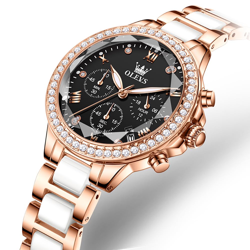 OLEVS Ceramic Cute Quartz Popular Watch for Elegant and Date Black Women's Watch, Movement, Women, Stylish, Display, Waterproof, Luminous,