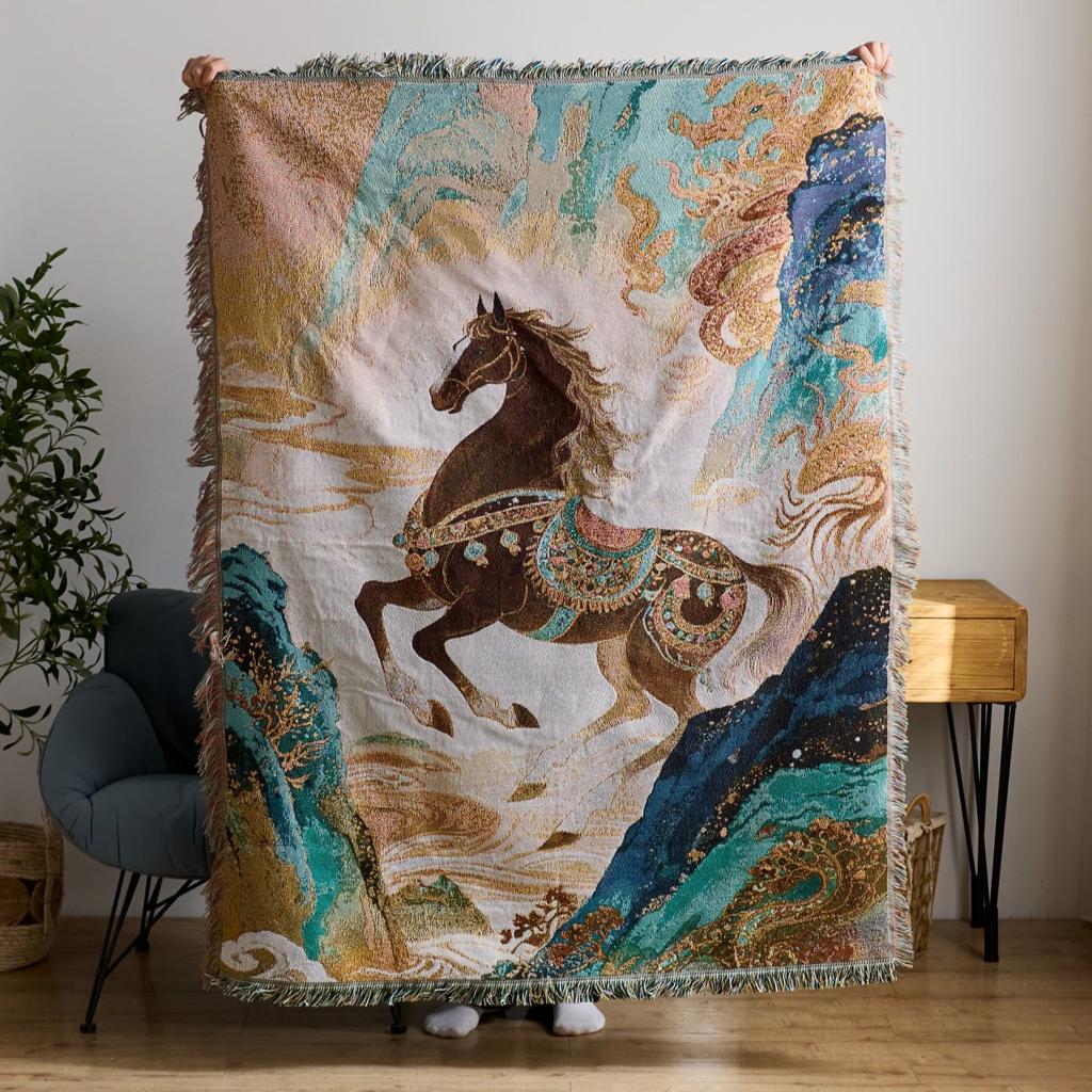 Textile City Year Of The Horse Chinese Chic Leading The Way Woven Throw Blanket Traditional Jacquard Home Decor Thread Blanket