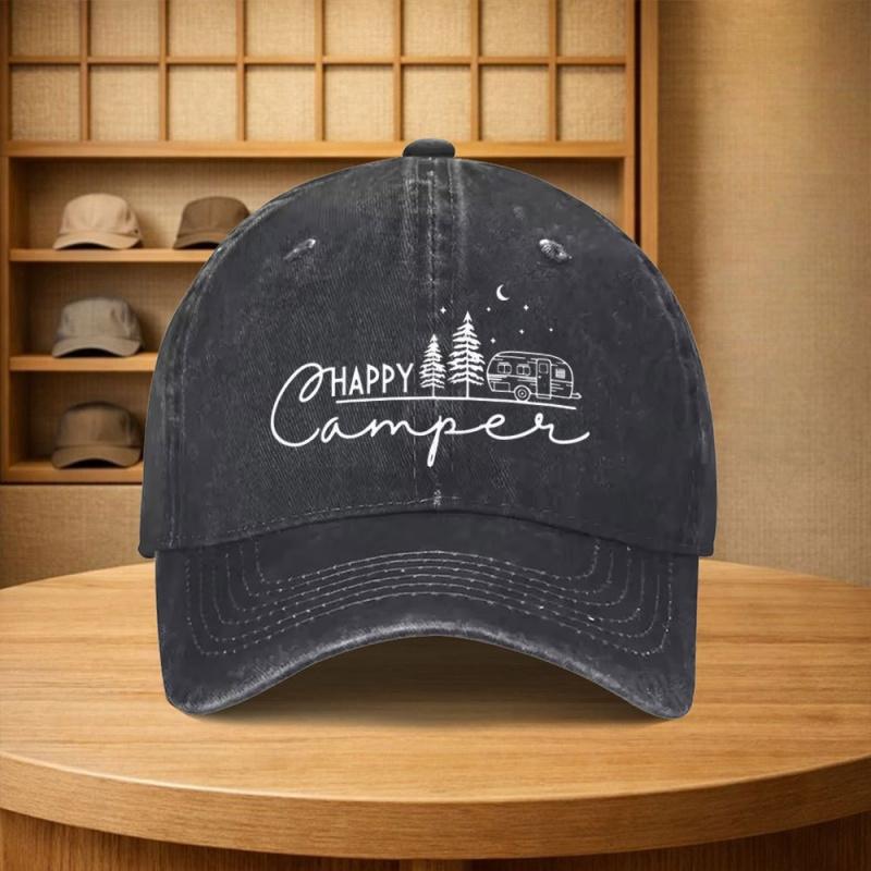 Vintage Happy Camper Baseball Cap Unisex Adjustable Cotton Hat for Camping Cycling Outdoor Family Parties