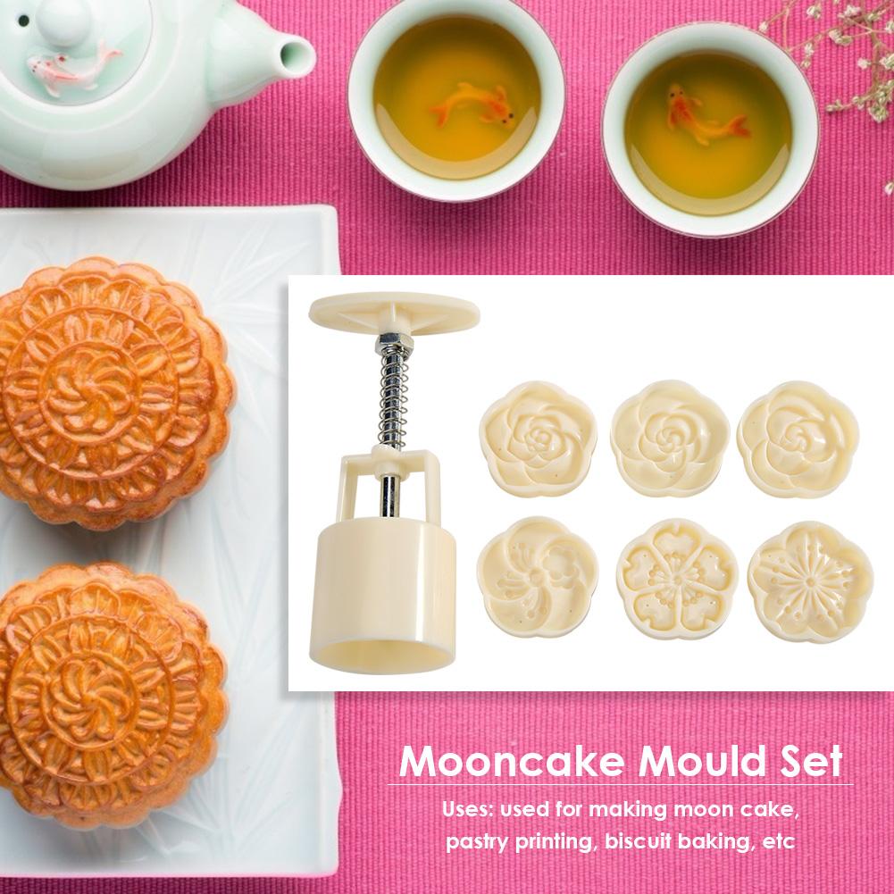 Love Shape Press Mold Heart Mooncake Press Molds Mid Autumn Festival Mooncake Mold Set Flower Moon Cake Mold with 6Pcs Stamps