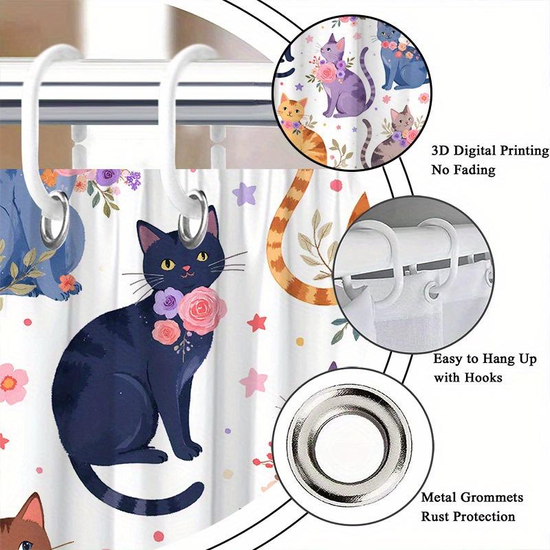 Whimsical Cats & Floral Shower Curtain - Playful Feline Design, Pink Purple Roses & Stars, Durable Polyester,Machine Washable