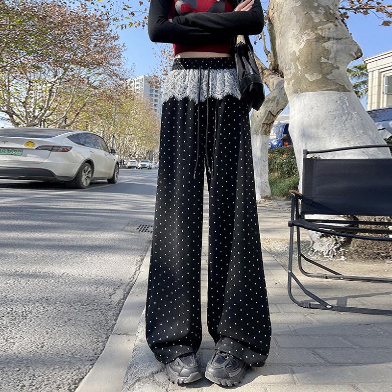 Women's Lace Patchwork Polka Dot Wide-Leg Elastic Waist Pants, Loose Fit, Floor-Length - Spring/Summer 2025 Collection