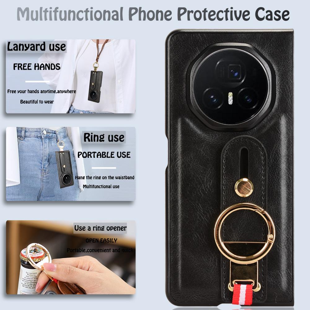 For Honor Magic V3 5G Case Leather+PC+TPU Wristband Cover with Bottle Opener Ring