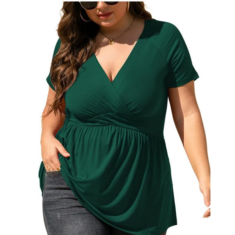 Camisola de verano de talla grande para mujer, blusa holgada a la moda con escote en V de color puro, botones en jacquard en el interior, camisa de manga corta, camiseta L-4XL