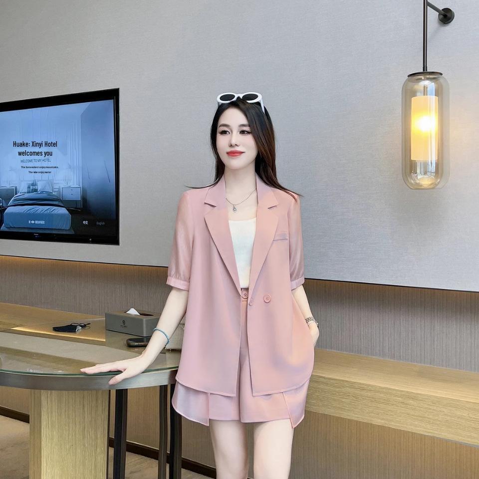 Chiffon Patchwork Plus Size Summer Suit: Wide-Leg Shorts & Blazer Set for Women, 2026