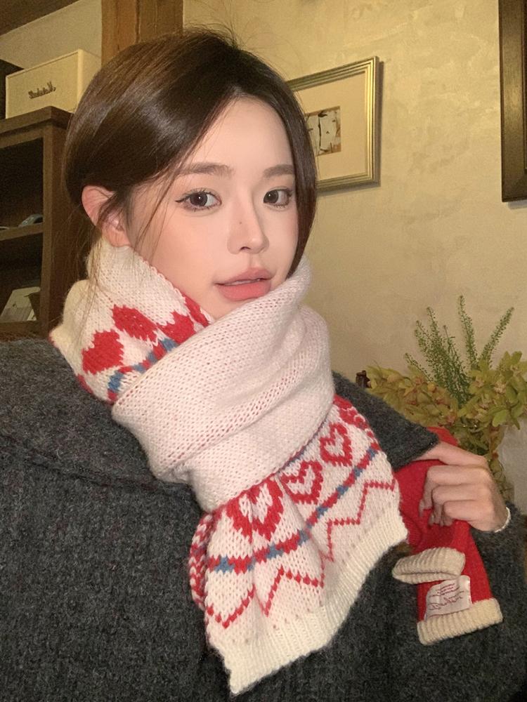 New Women'S Beige Heart Bow Knit Scarf Winter Warm Soft Valentine'S Day Fashion Korean Wrap Scarves For Ladies Male Sweet Casual