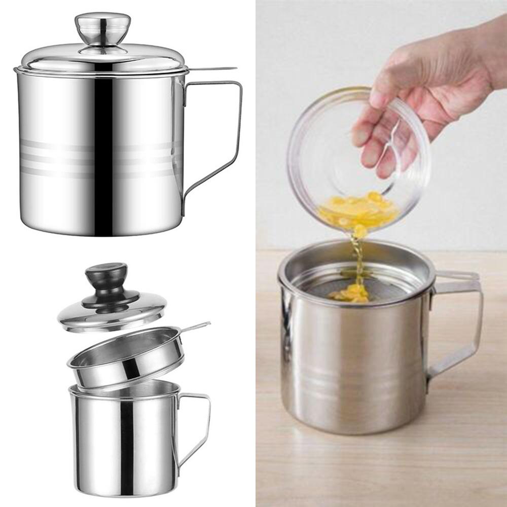 1.2L Stainless Steel Oil Filter Pot Cooking Soup Grease Strainer Separator Can