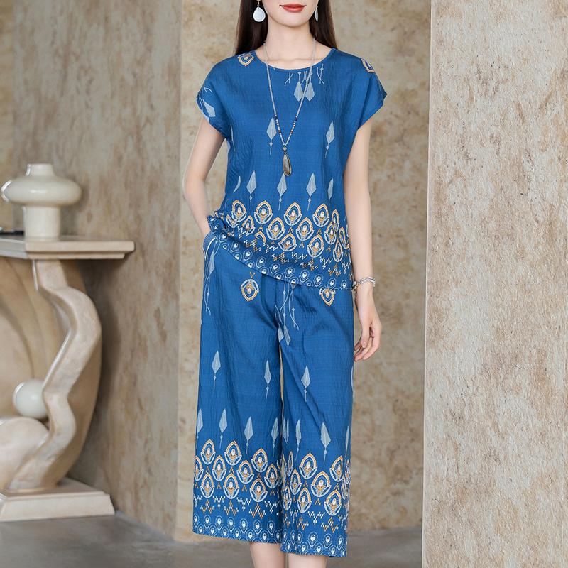 Damen Plus Size Boho-Print 2-teiliges Set, Kurzarm-Oberteil & Capri-Hose (XL-5XL)