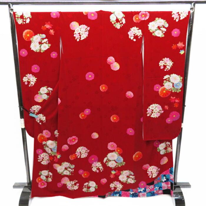 

FINAL PRICE [Used] Furisode recycled kimono Red Tall size Length 168cm Sleeve 68cm L size Autumn leaves and chrysanthemums Flowers, birds, wind