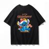 Summer Casual Stitch Fun Print Cotton Comfortable Black T-shirt Adults Children Parent Child Couple Fashion Loose Sportswear