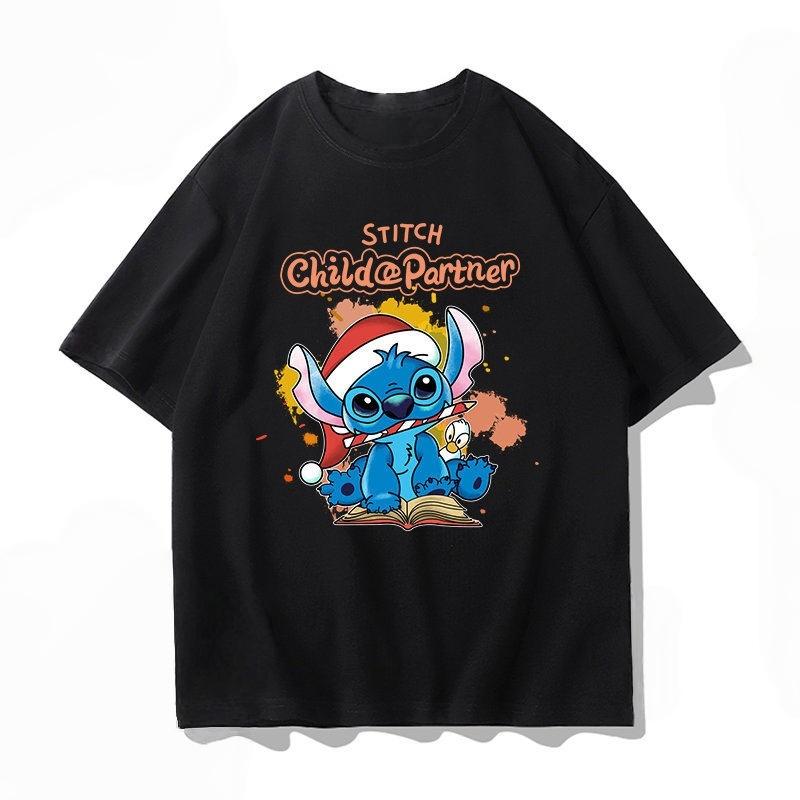 Summer Casual Stitch Fun Print Cotton Comfortable Black T-shirt Adults Children Parent Child Couple Fashion Loose Sportswear
